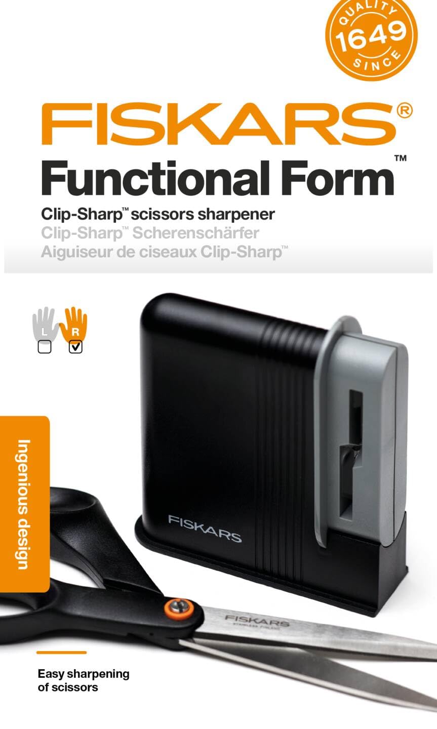 Fiskars Clip-Sharp black and grey finish fits any workspace.