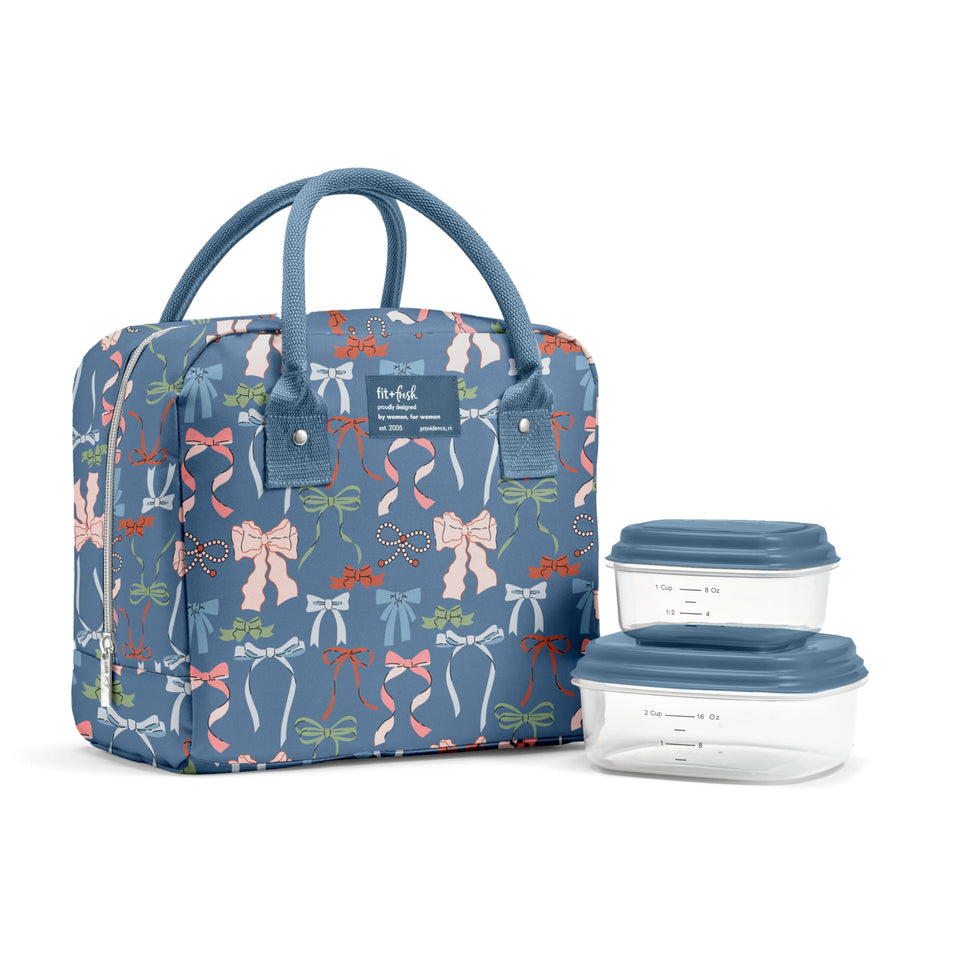 Fit and Fresh Bloomington lunch bag with denim bows for stylish daily meals