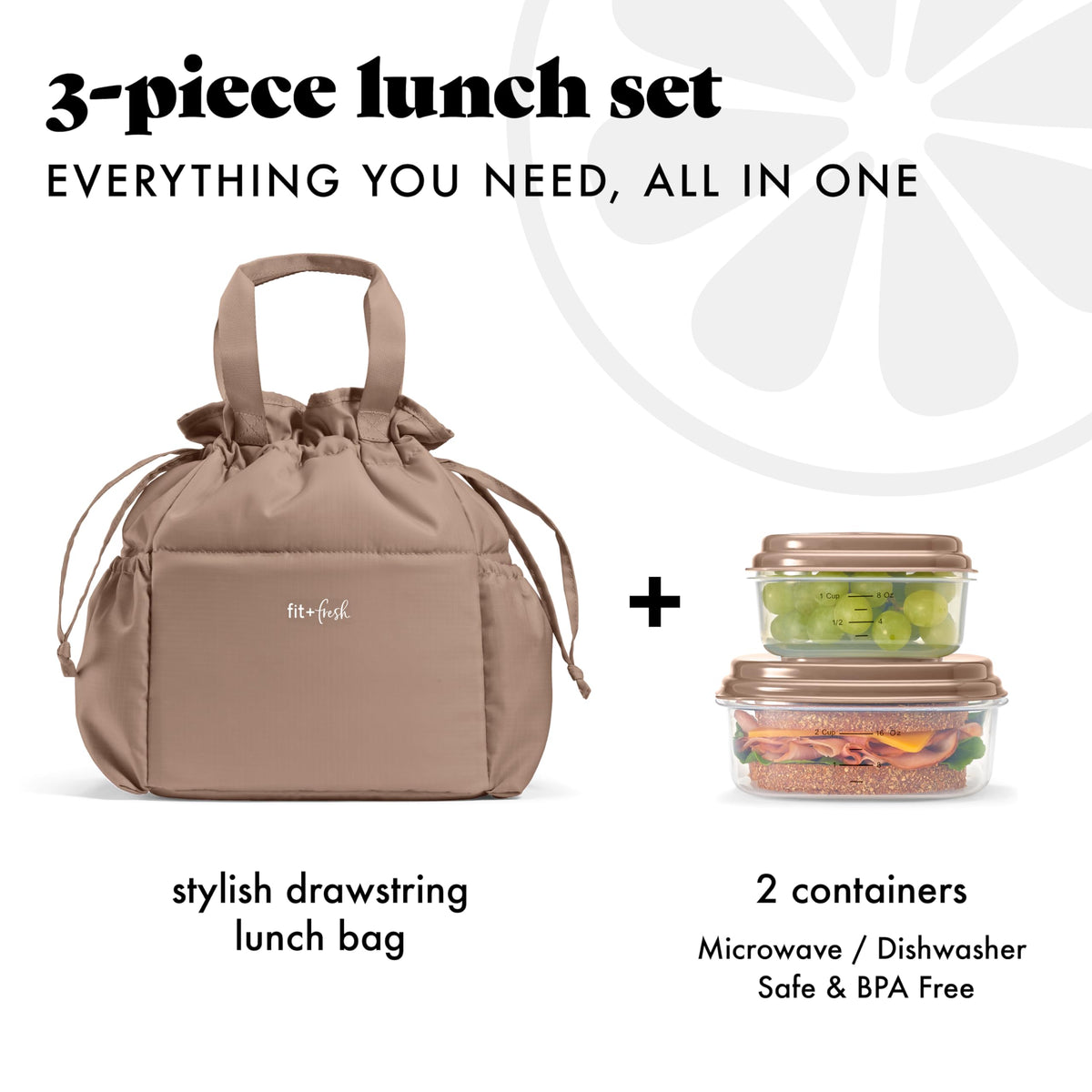 Complete lunch set with one cup and two cup containers keeps meals organized