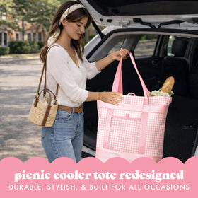Folded-flat Fit & Fresh insulated tote bag in pink gingham for compact storage.