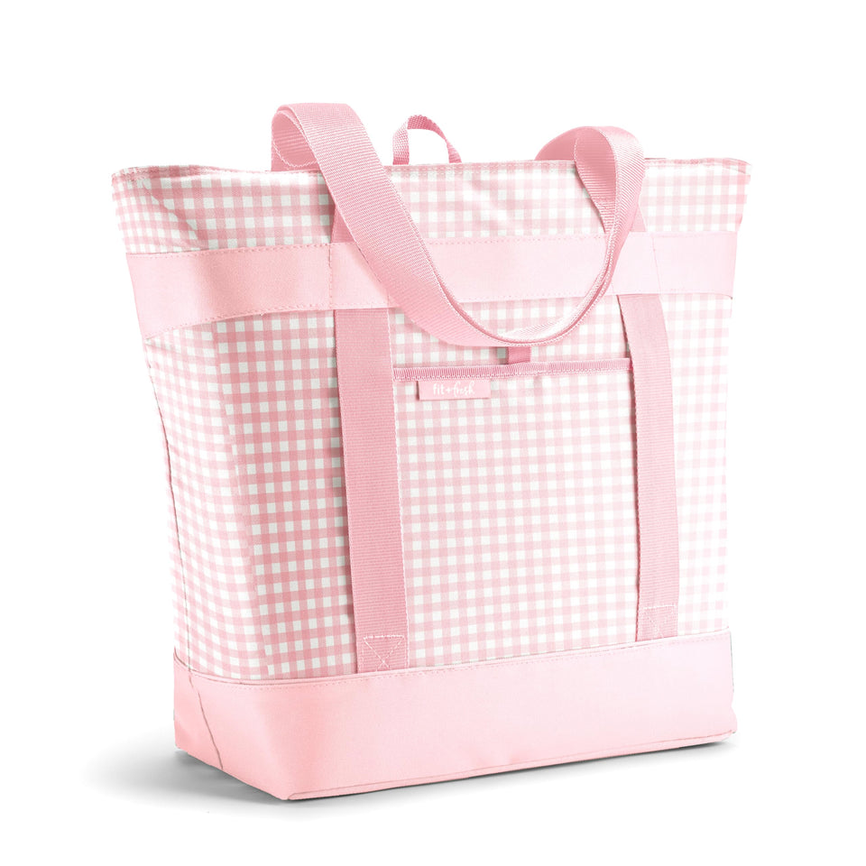 Fit & Fresh insulated tote bag in pink gingham with spacious interior for groceries and meals.