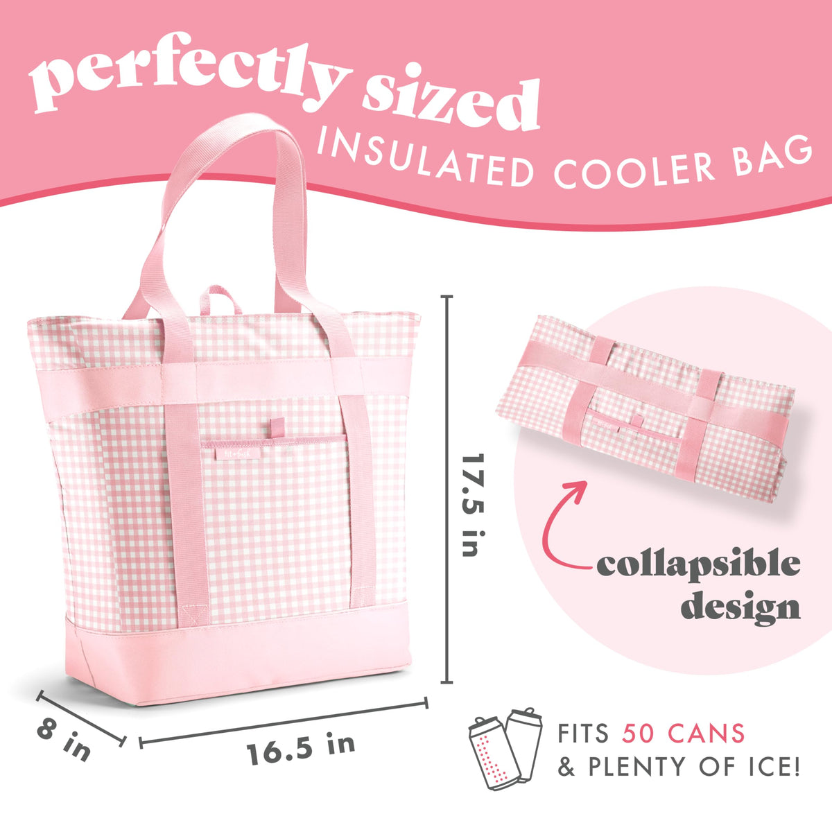 Close-up of insulation on the Fit & Fresh pink gingham tote for temperature control.