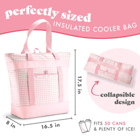 Close-up of insulation on the Fit & Fresh pink gingham tote for temperature control.