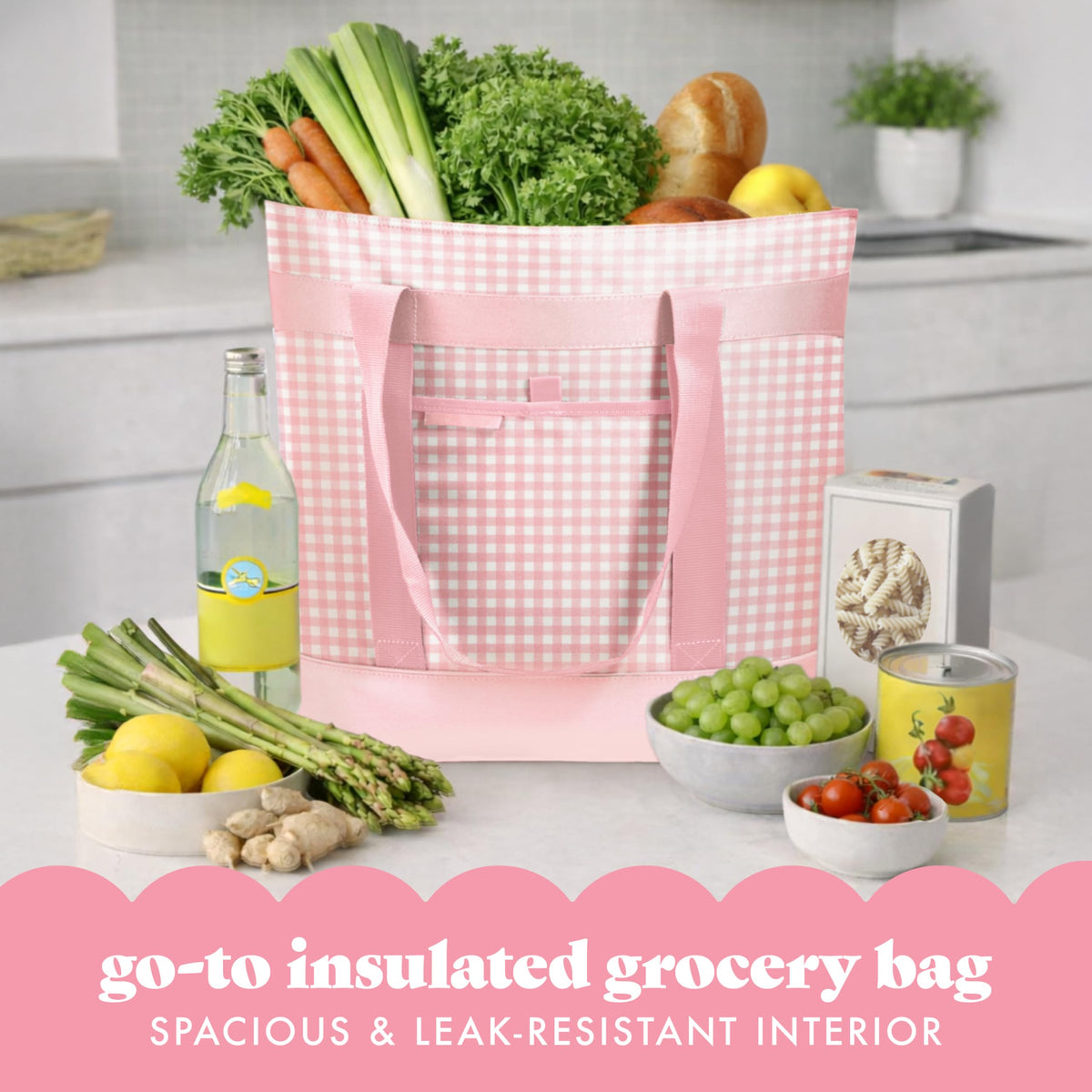 Opened Fit & Fresh insulated tote bag in pink gingham highlighting interior layout.