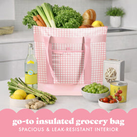 Opened Fit & Fresh insulated tote bag in pink gingham highlighting interior layout.