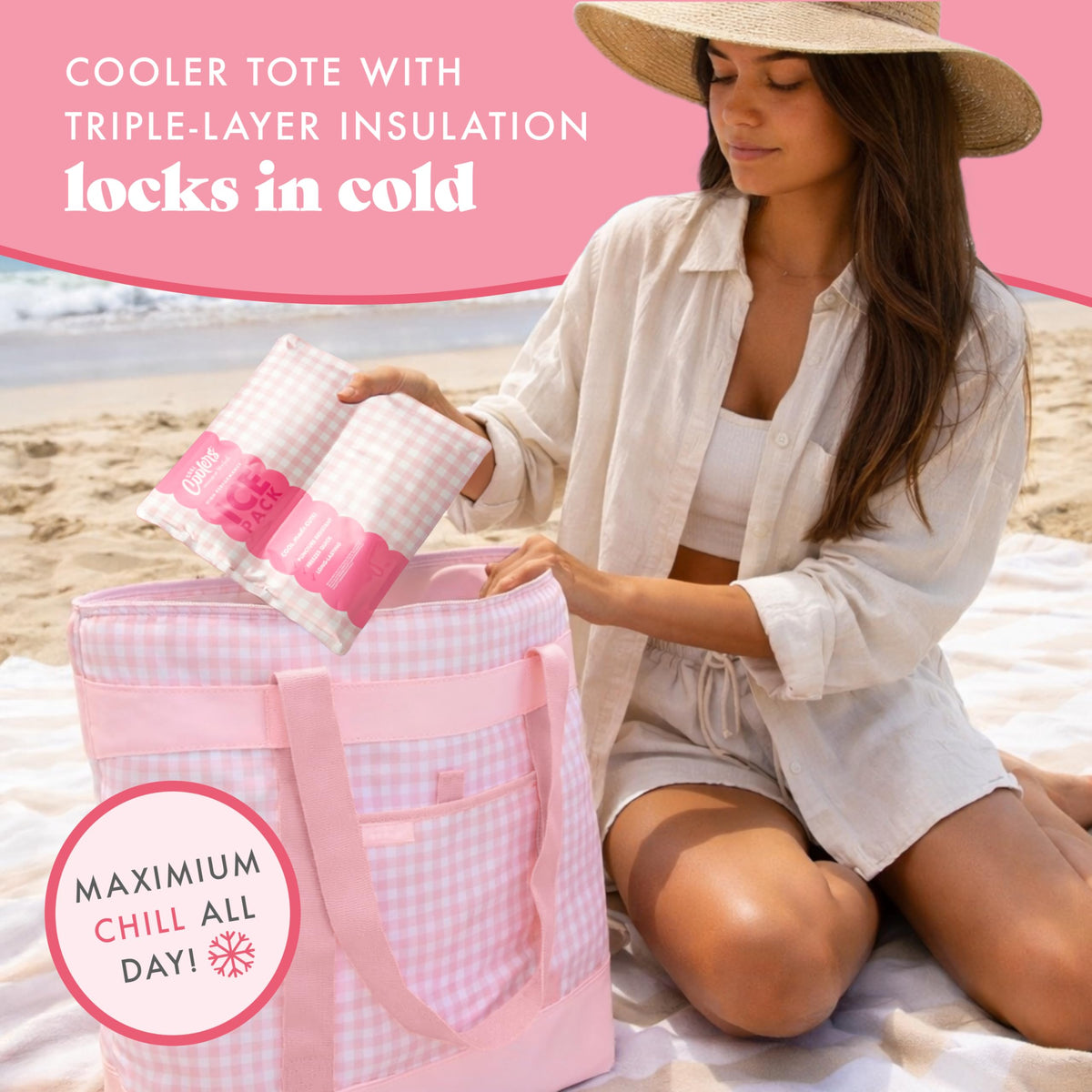 Fit & Fresh pink gingham tote carrying pizzas or catering trays securely.
