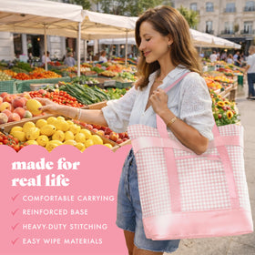 Side-carry view of the Fit & Fresh pink gingham tote showing stability and design.