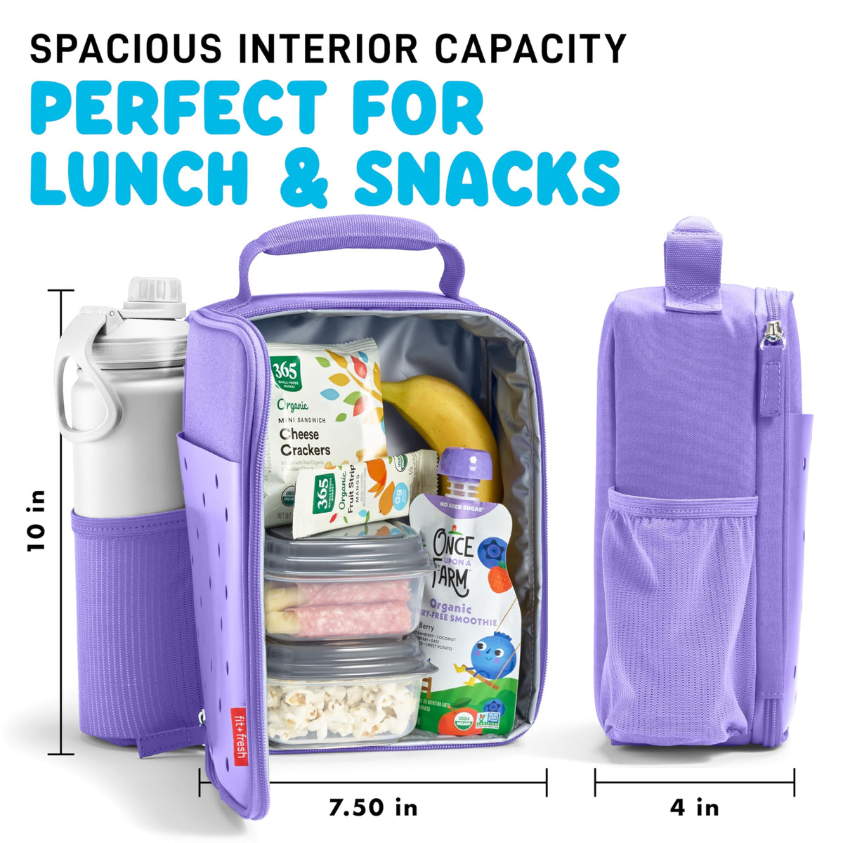 Front charm pocket on the lunch box holds snacks for quick grab-and-go.