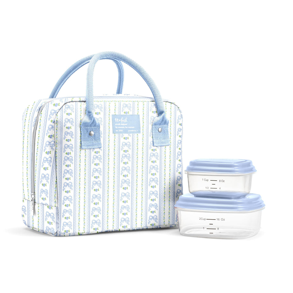 Fit & Fresh Bloomington lunch bag with blue wallpaper bows, stylish daily meals