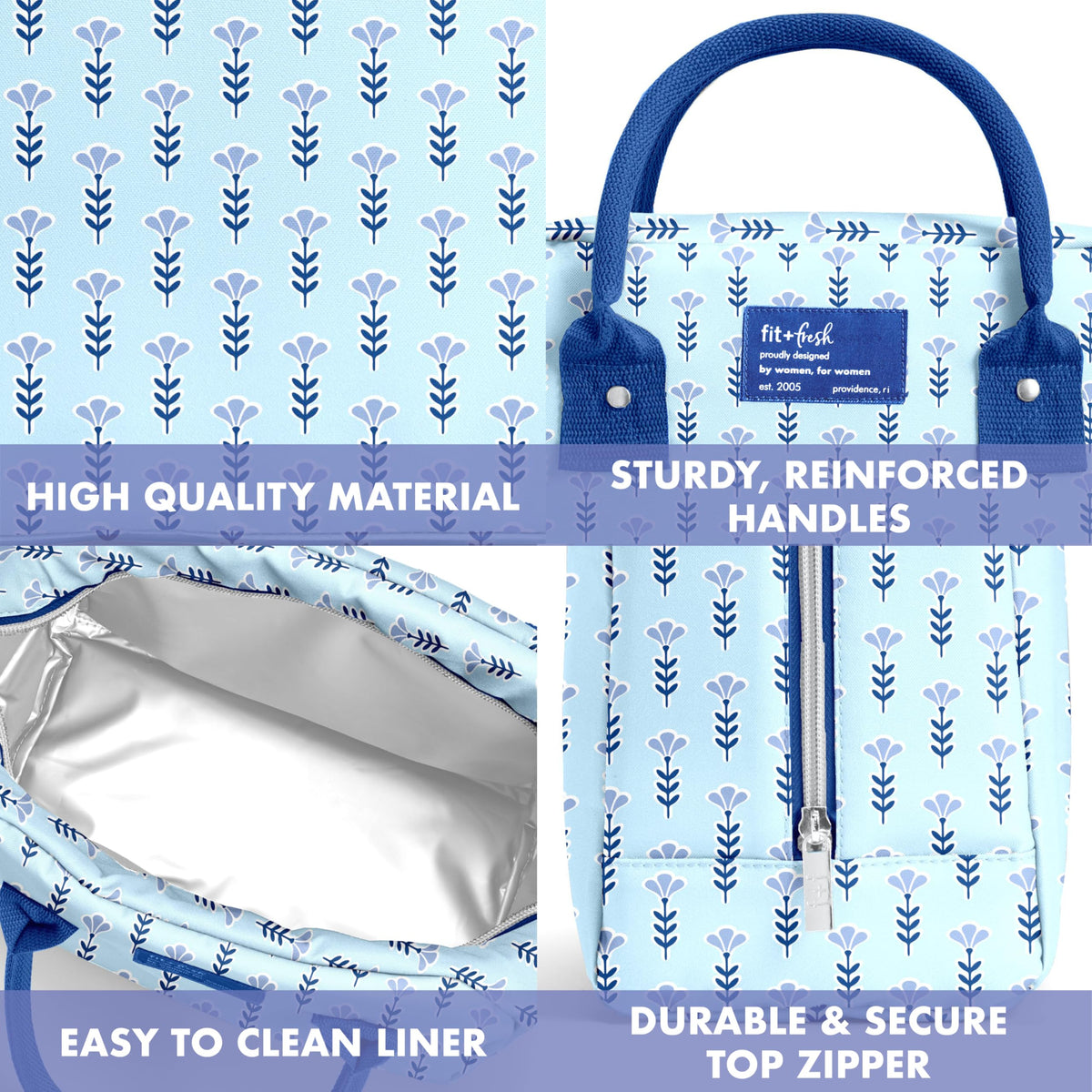 Fit and Fresh Bloomington lunch bag leak-resistant liner makes cleanup easy.