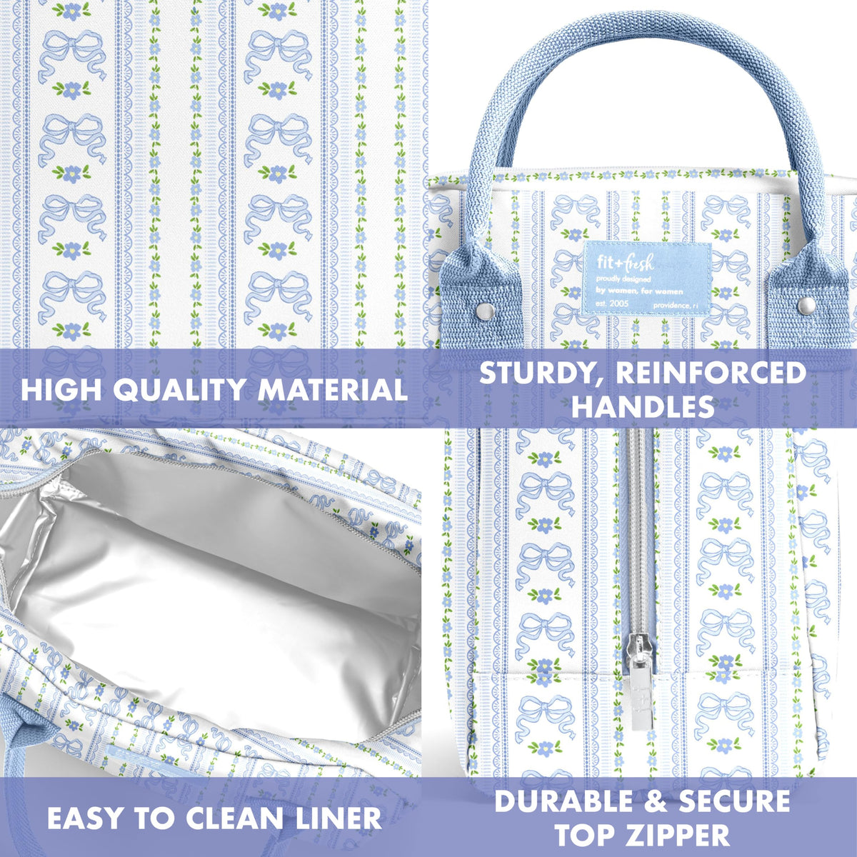 Fit & Fresh Bloomington bag with leak-resistant PEVA liner for easy cleanup
