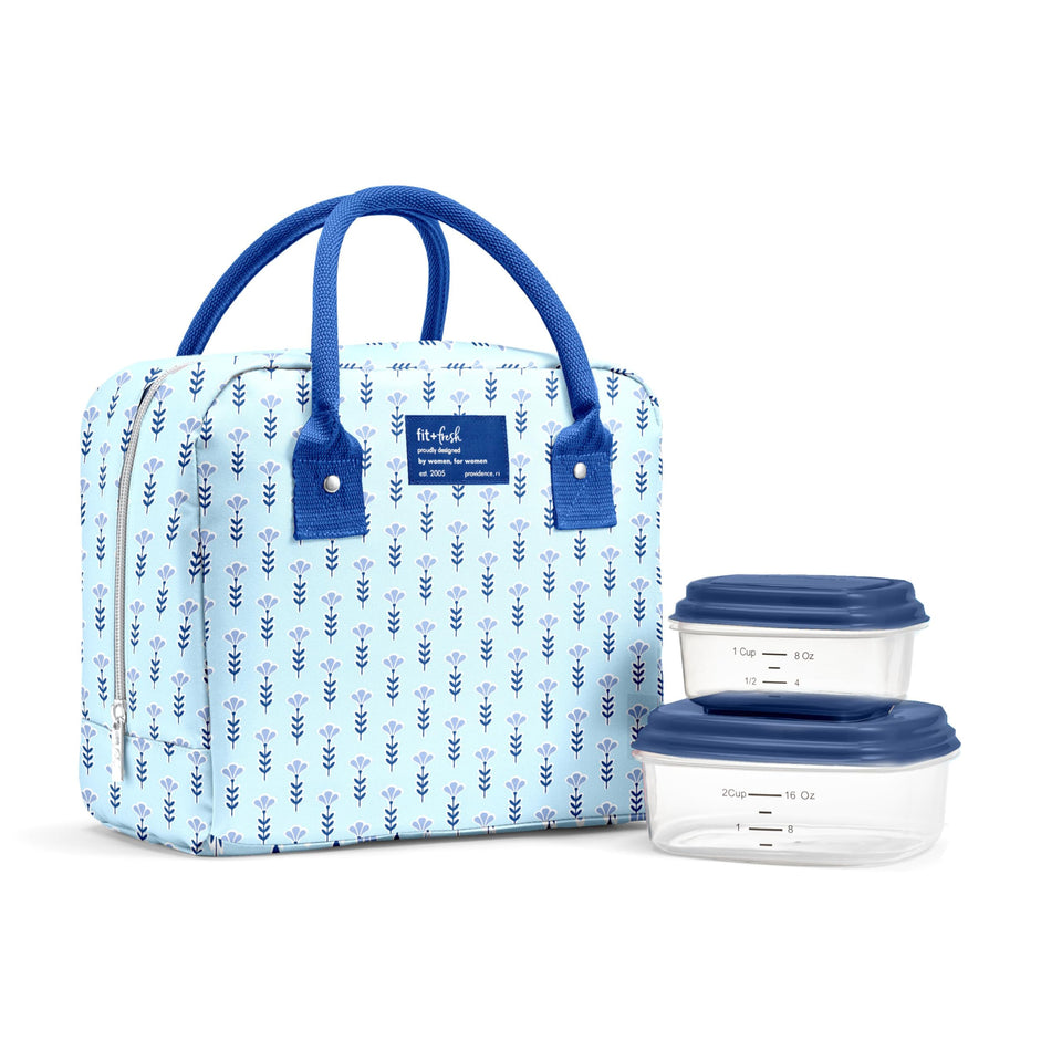 Fit and Fresh Bloomington lunch bag top opening view shows easy access and spacious interior for containers.