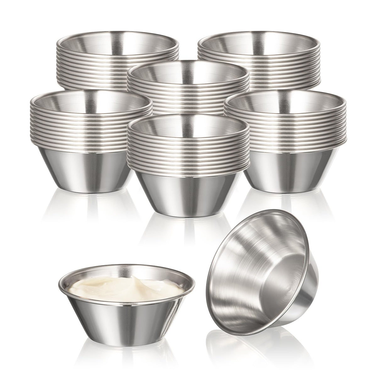 Fit Meal Prep 1.5 oz stainless steel dipping cups for hot or cold sauces.
