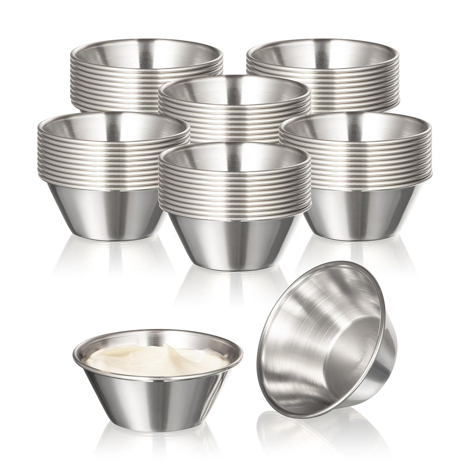 Fit Meal Prep 1.5 oz stainless steel dipping cups for hot or cold sauces.