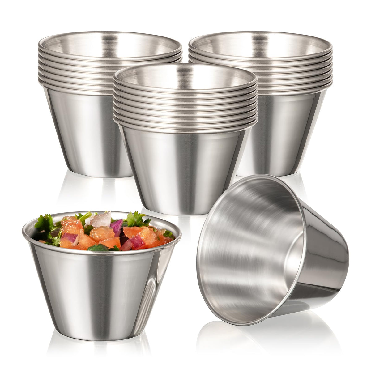 Fit Meal Prep 24-pack stainless steel dipping cups for precise sauce portions.