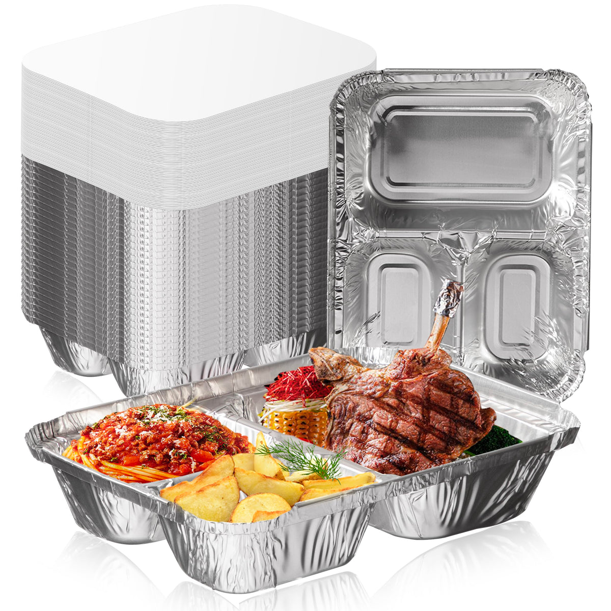 Fit Meal Prep 50-pack three-compartment pan for organized takeout portions.
