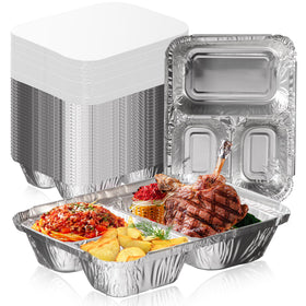 Fit Meal Prep 50-pack three-compartment pan for organized takeout portions.