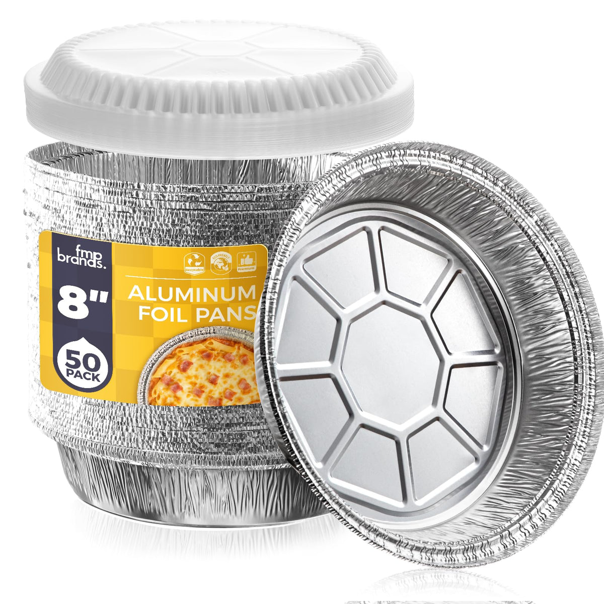 Fit Meal Prep 8in round foil pan shows sturdy construction for even cooking.