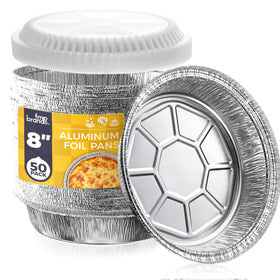 Fit Meal Prep 8in round foil pan shows sturdy construction for even cooking.