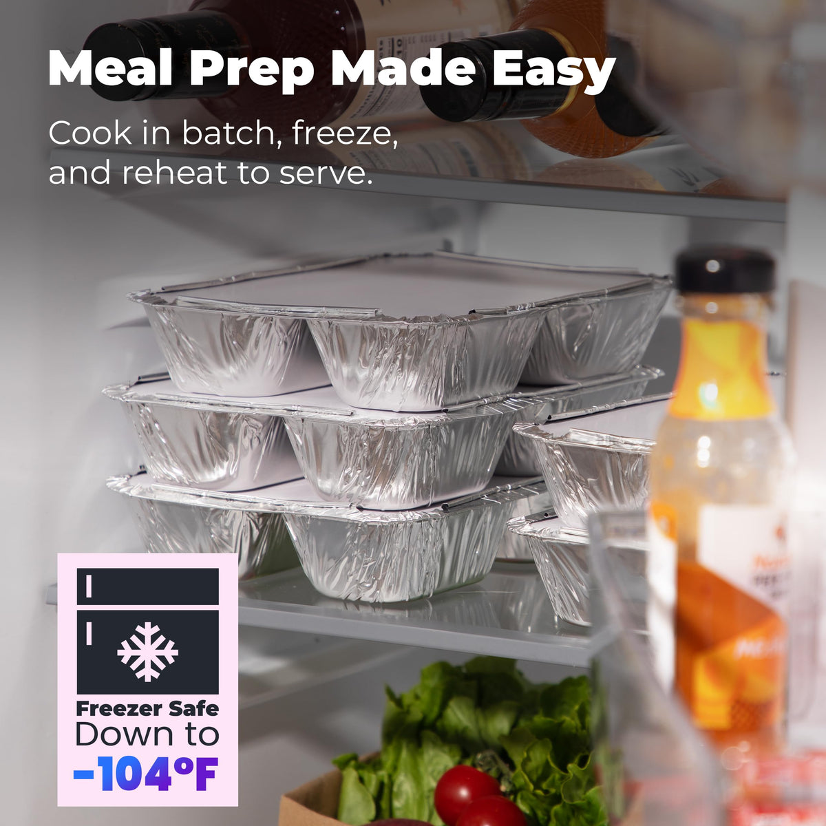 Fit Meal Prep stackable aluminum containers save space in cabinets.