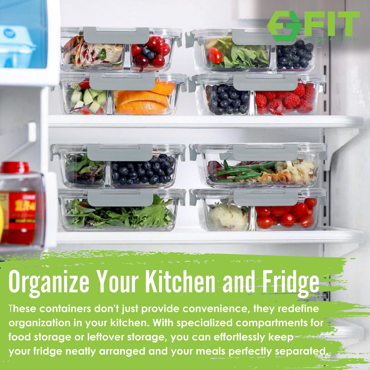 FIT Strong & Healthy 3-compartment glass container keeps meals organized