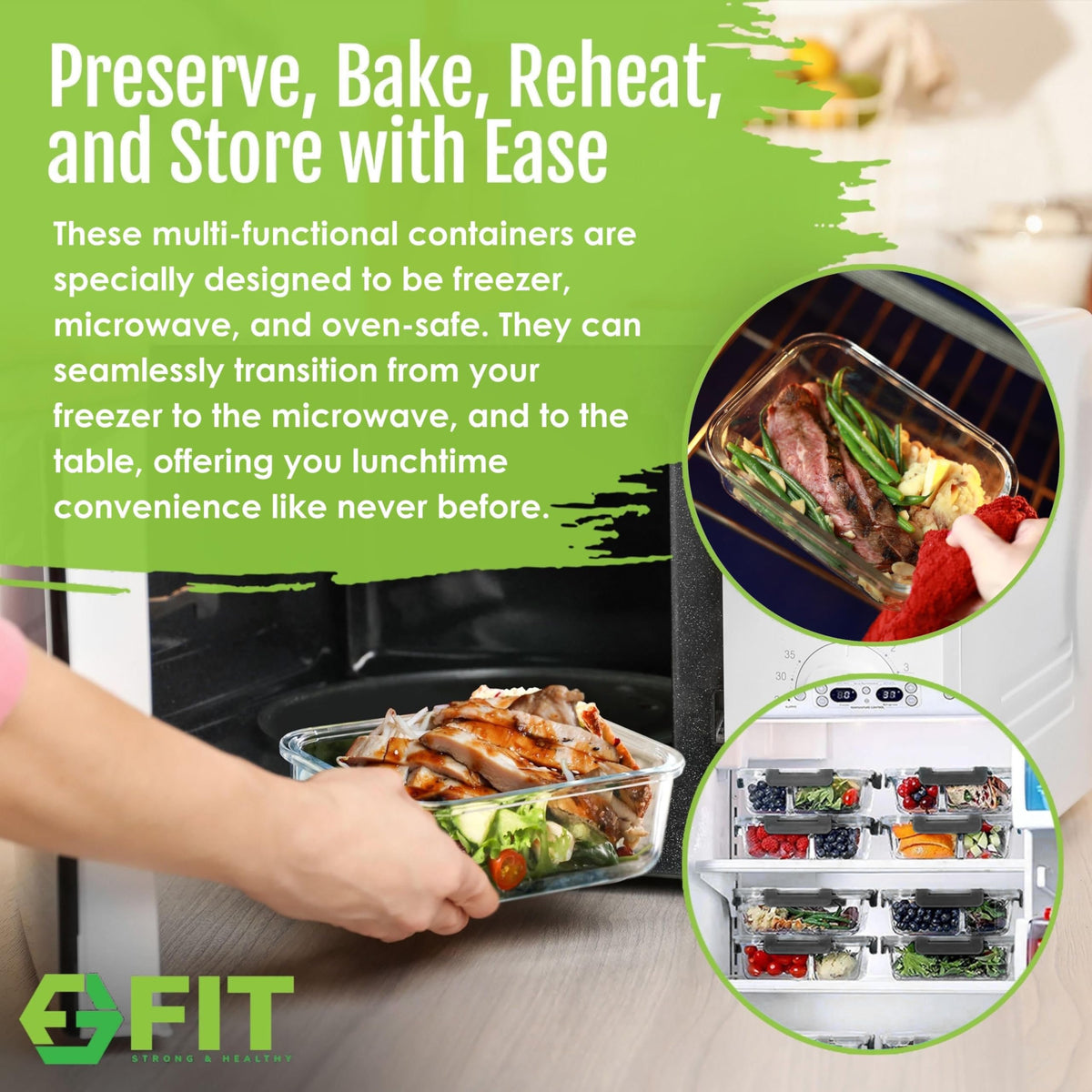 FIT Strong & Healthy airtight lid prevents leaks and keeps foods fresh.