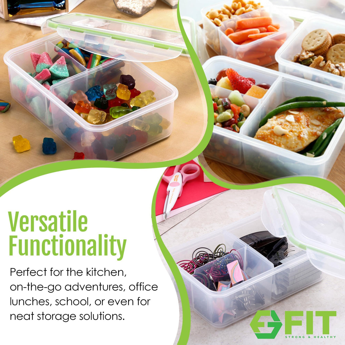 FIT Strong Healthy bento box includes removable dividers for flexible portions.