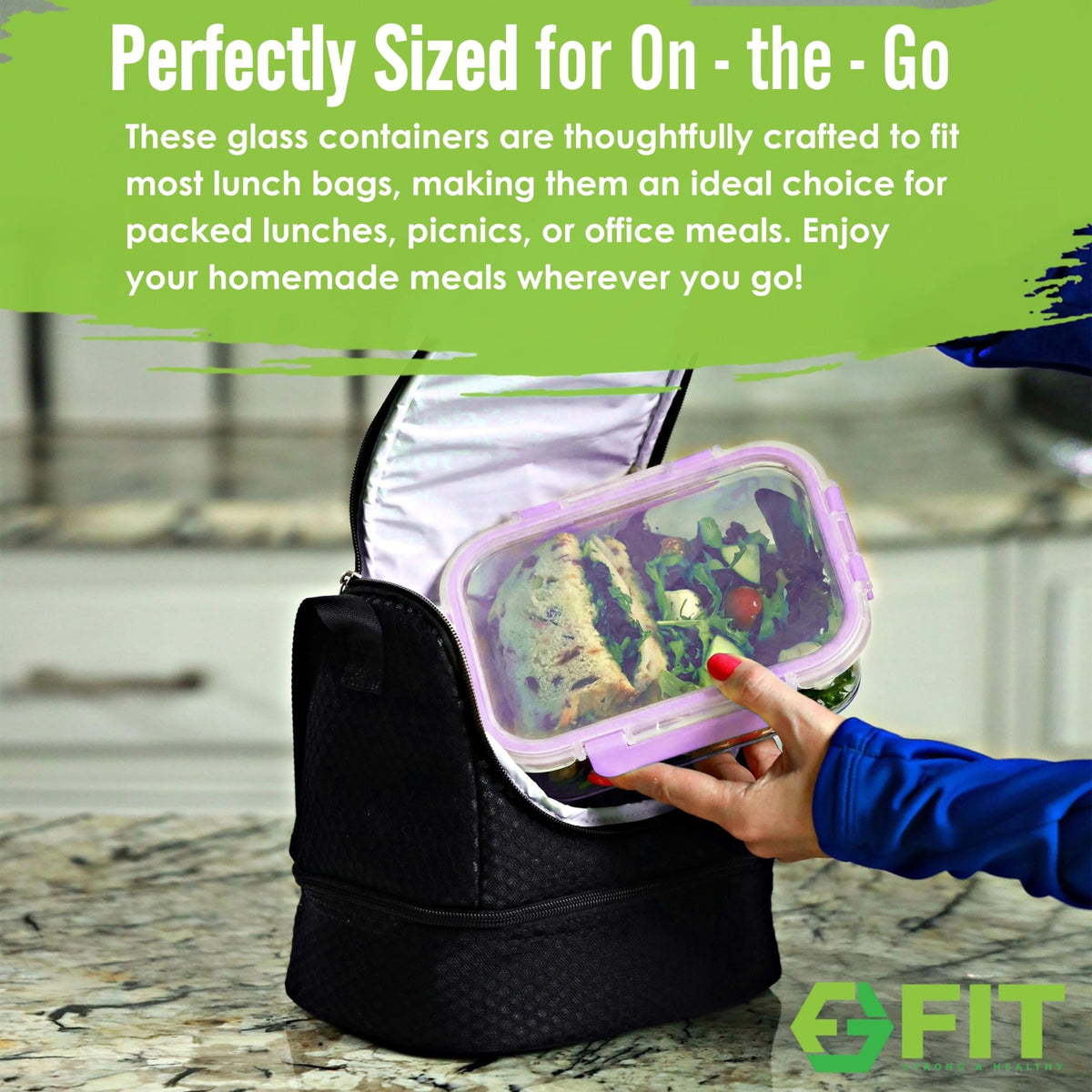 FIT Strong & Healthy freezer-safe glass container for meal prep and storage