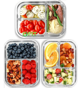 Fit Strong and Healthy glass lunch container stacked for compact fridge storage.