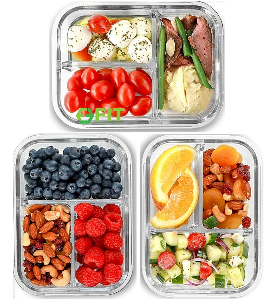 Fit Strong and Healthy glass lunch container stacked for compact fridge storage.