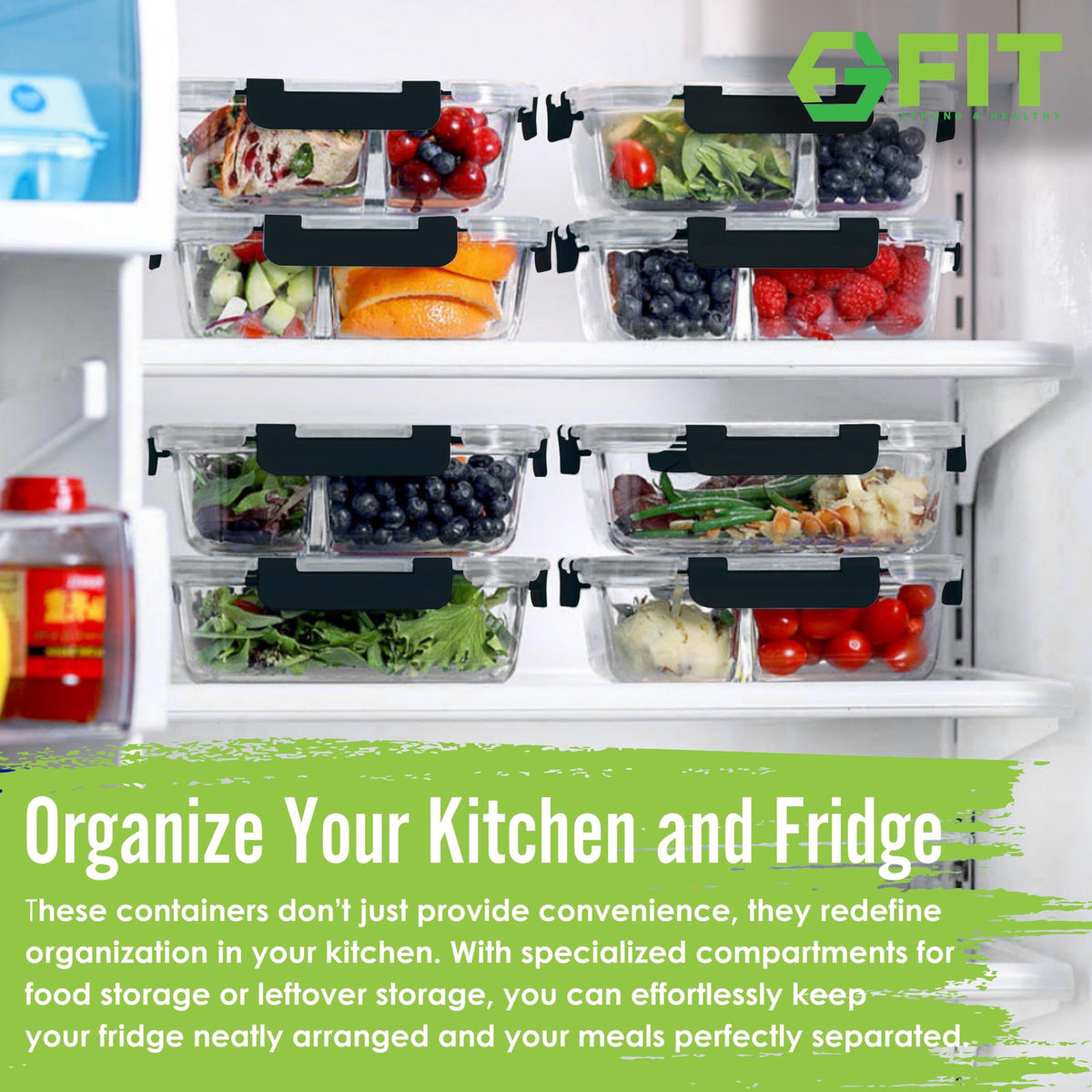 FIT Strong & Healthy three-compartment bento keeps snacks, sides, and mains neatly separated