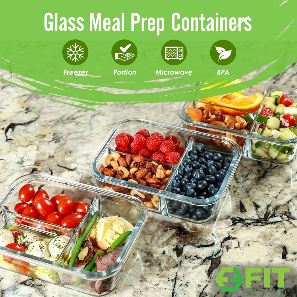 Three-compartment lunch container by Fit Strong and Healthy for balanced meals at work.