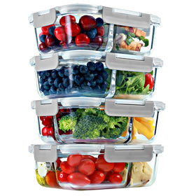 FIT Strong & Healthy two-compartment glass container for portioned meals with airtight seal.