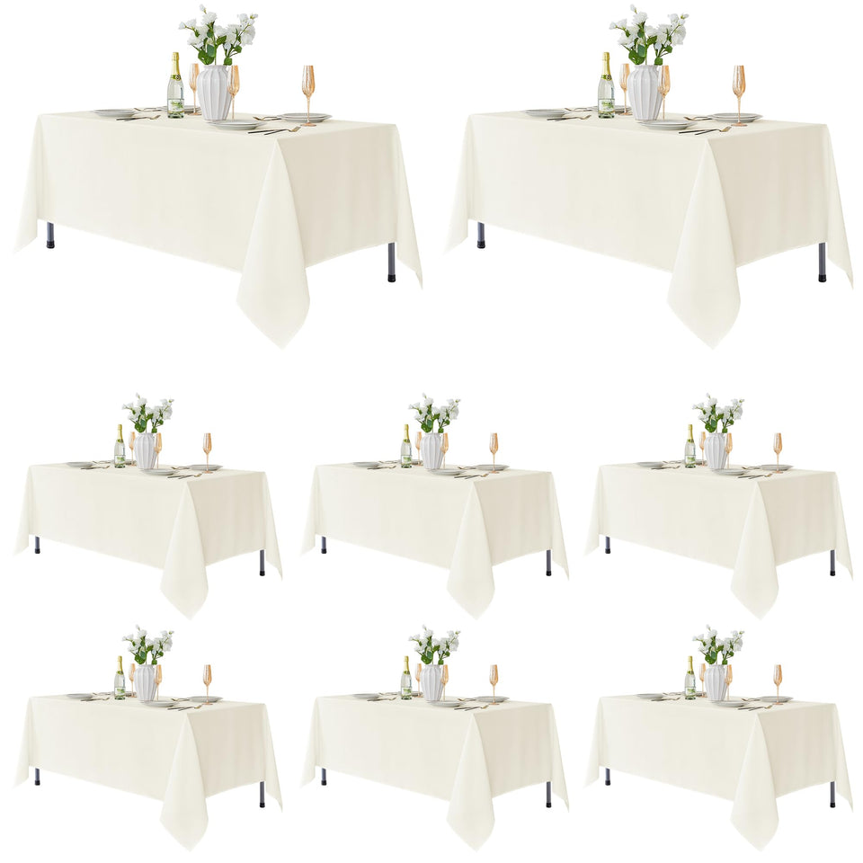 Fitable ivory 8-pack rectangle tablecloth shows stain-resistant fabric for easy cleanup