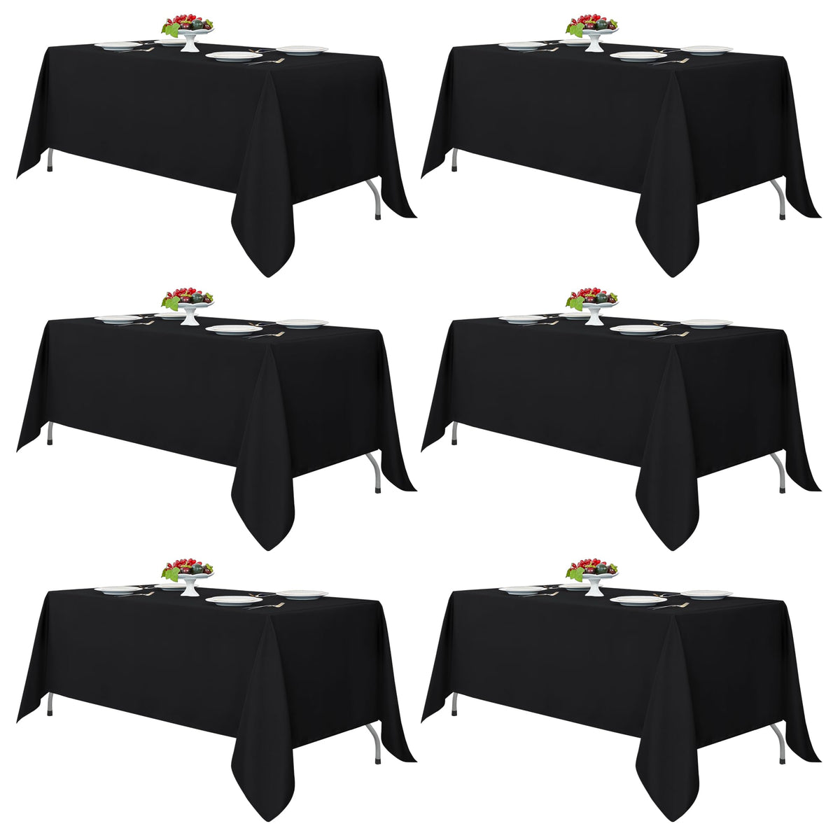 Fitable black tablecloth on a rectangle table, durable, reusable, and easy to clean.