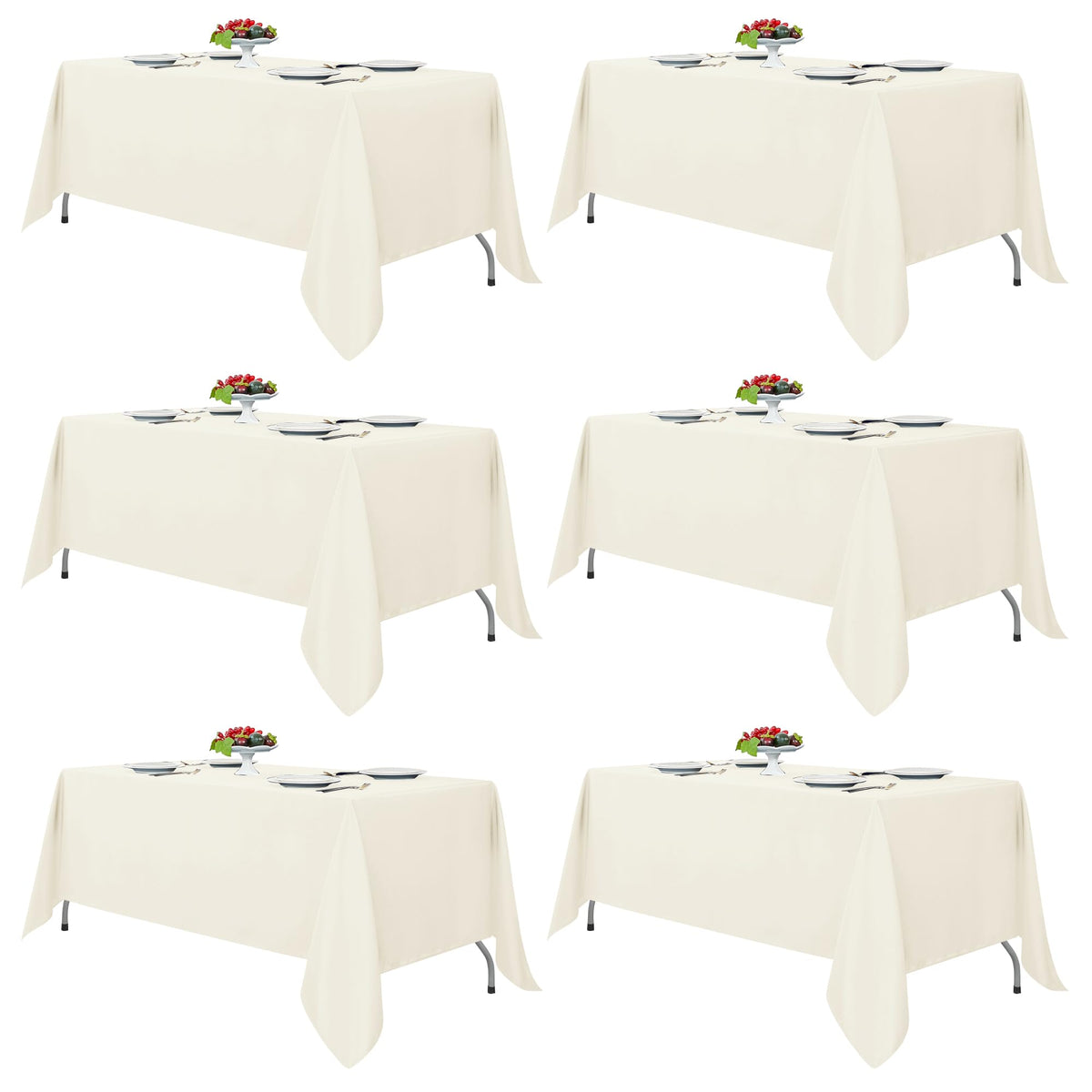 Fitable Ivory tablecloth on a 6-8 ft rectangular table for elegant dining.