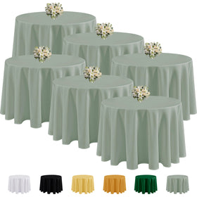 Fitable sage green round tablecloth 120-inch, wrinkle-resistant for elegant weddings and banquets.
