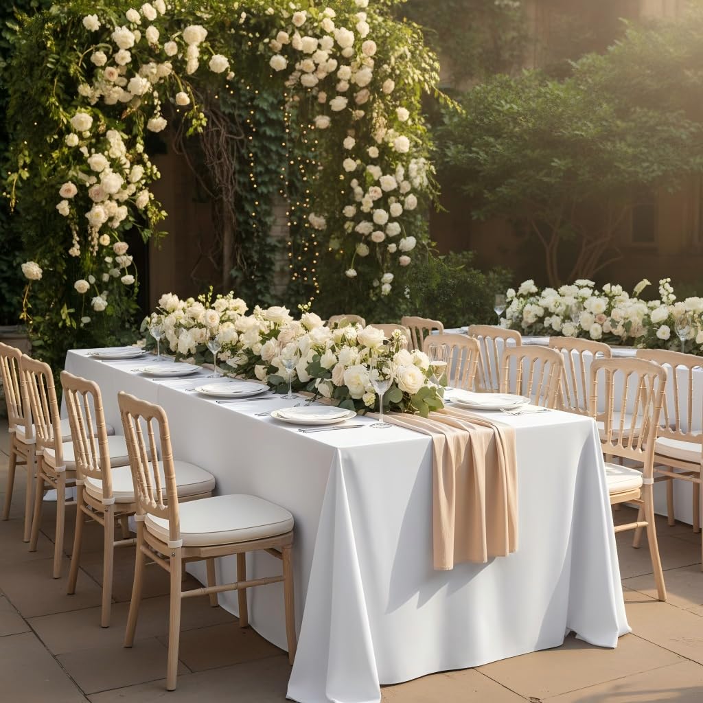 Fitable white rectangle tablecloth demonstrating stain resistance for easy cleanup after meals.