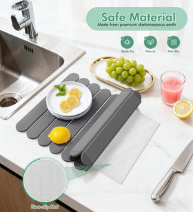 Fitnice non-slip stone mat with underlay stabilizing dishes during drying.
