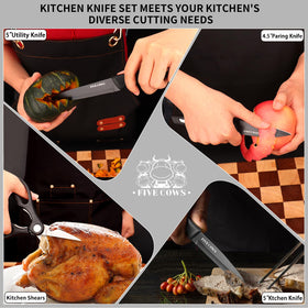 Five Cows serrated steak knives provide easy dining prep.