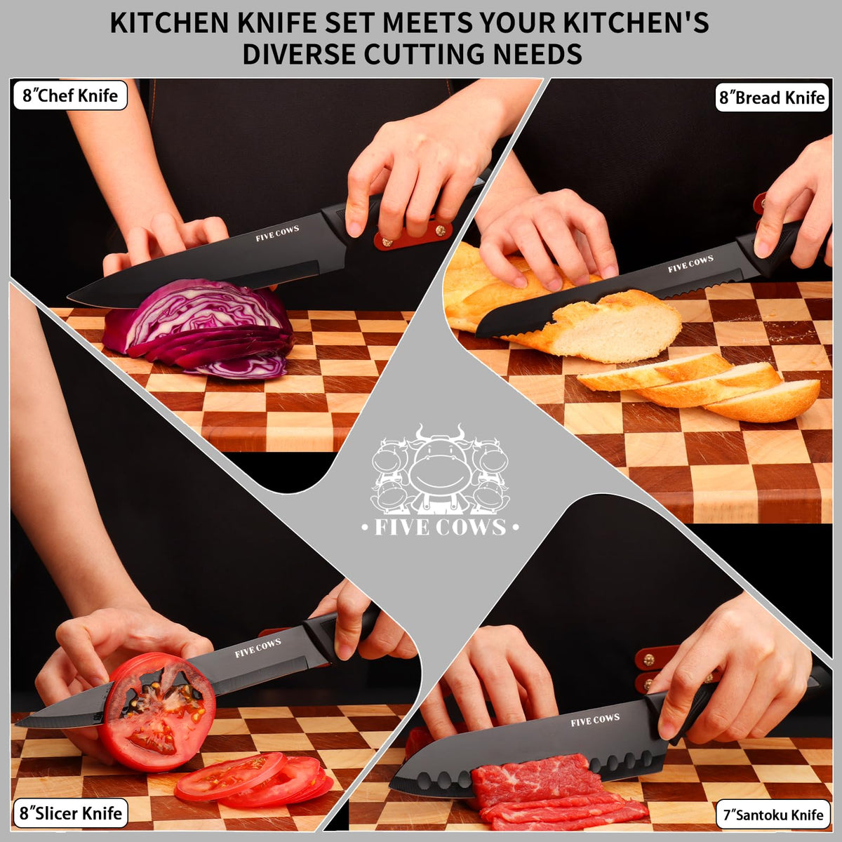 Five Cows 8in slicing knife handles large meats with control.