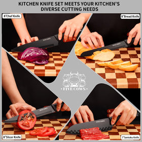 Five Cows 8in slicing knife handles large meats with control.