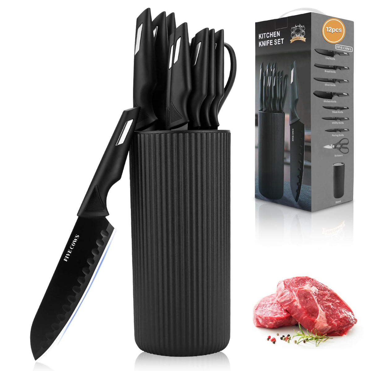 Five Cows universal knife block keeps knives organized and accessible.