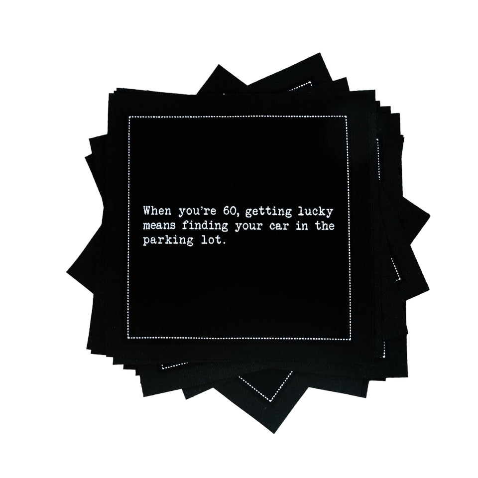 Five Star Napkins: black cotton cocktail napkin with witty 60th birthday quotes for stylish entertaining.