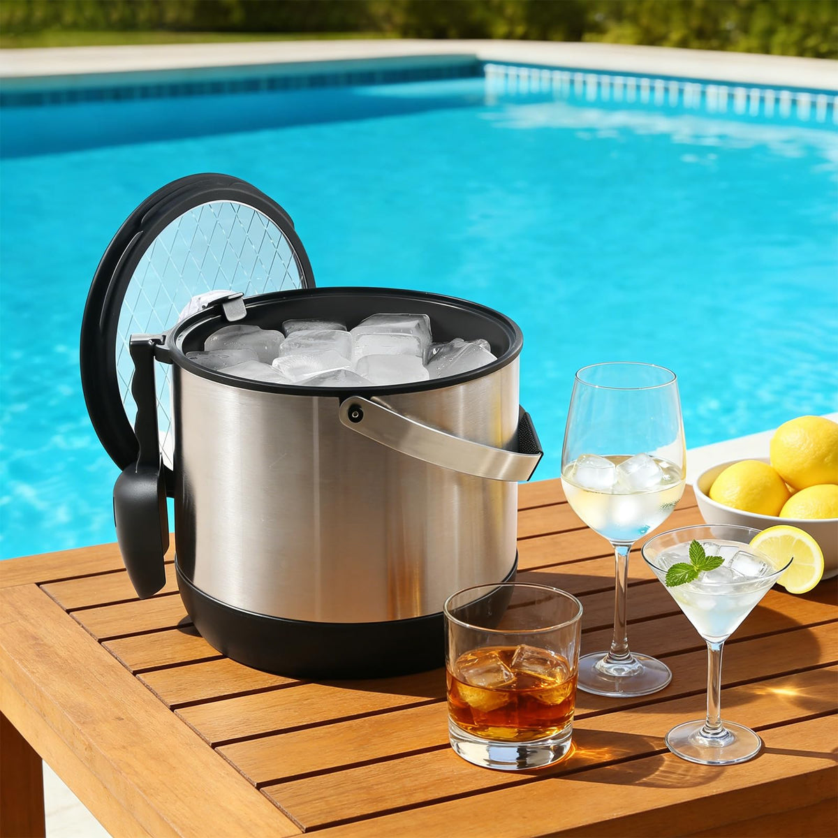 FiveHome double-wall insulated ice bucket preserves cold drinks longer