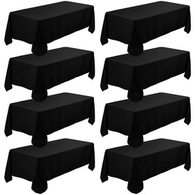 Fivenl 8-pack black tablecloth side view shows elegant coverage for banquet tables