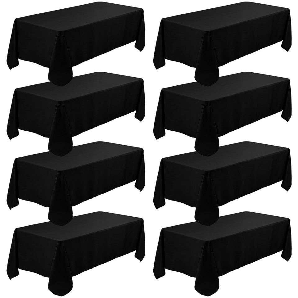 Fivenl 8-pack black tablecloth side view shows elegant coverage for banquet tables
