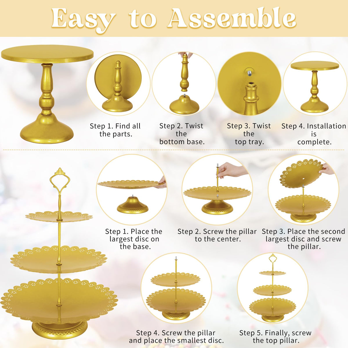 Fivenl cake display tower in gold elevates pastries gracefully.