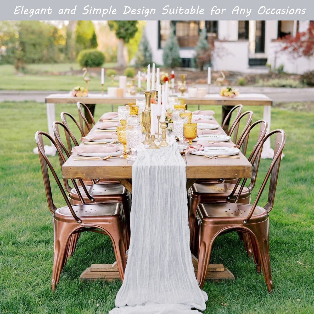 Fivenl cheesecloth runner on dining setup ideal for celebrations
