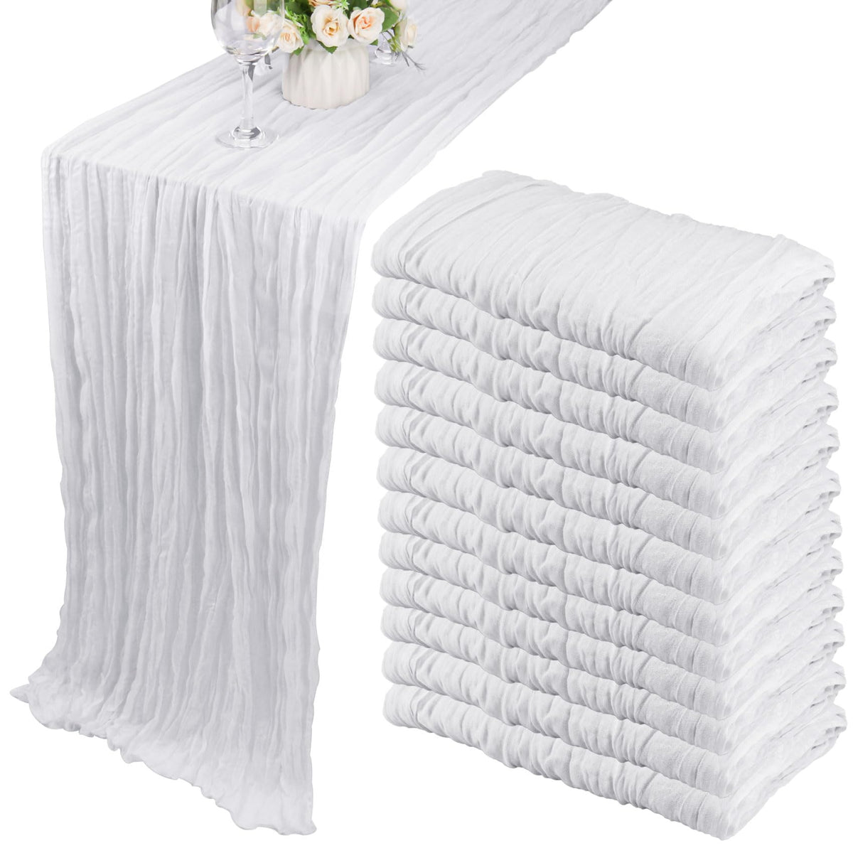 Fivenl cheesecloth table runner on table for rustic wedding ambience